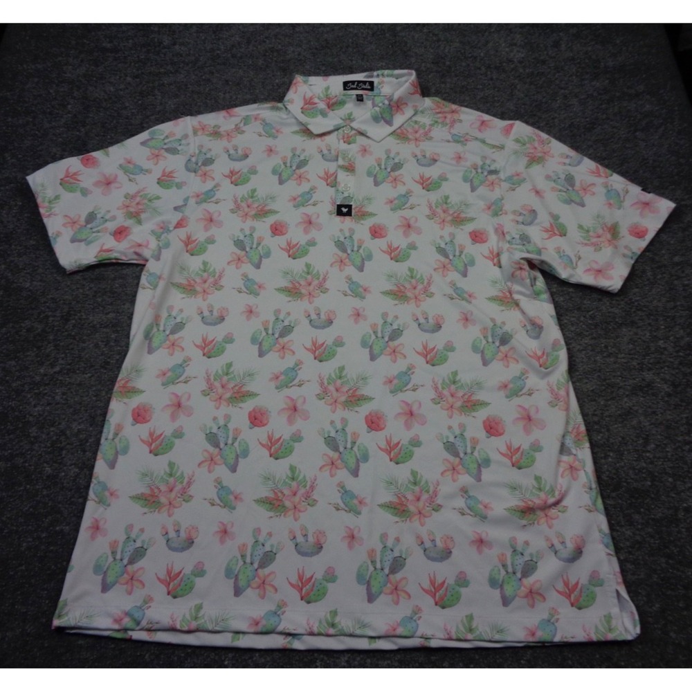 Bad Birdie Polo Shirt Mens 2XL White Cactus Floral Performance Golf‎ Wicking